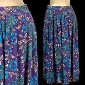 VINTAGE 80s moody‎ dark floral paisley pleated skirt midi full a line office